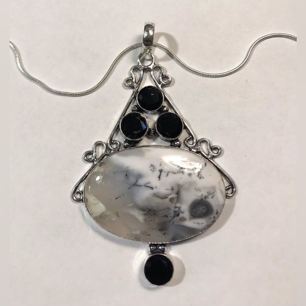 Dendritic Opal Black Onyx Stamped 925 Sterling Silver Necklace